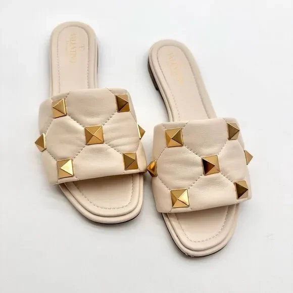 Valentino Garavani Roman Stud Flat Sandals White Leather Studded Slides EU 38.5 - Picture 10 of 13